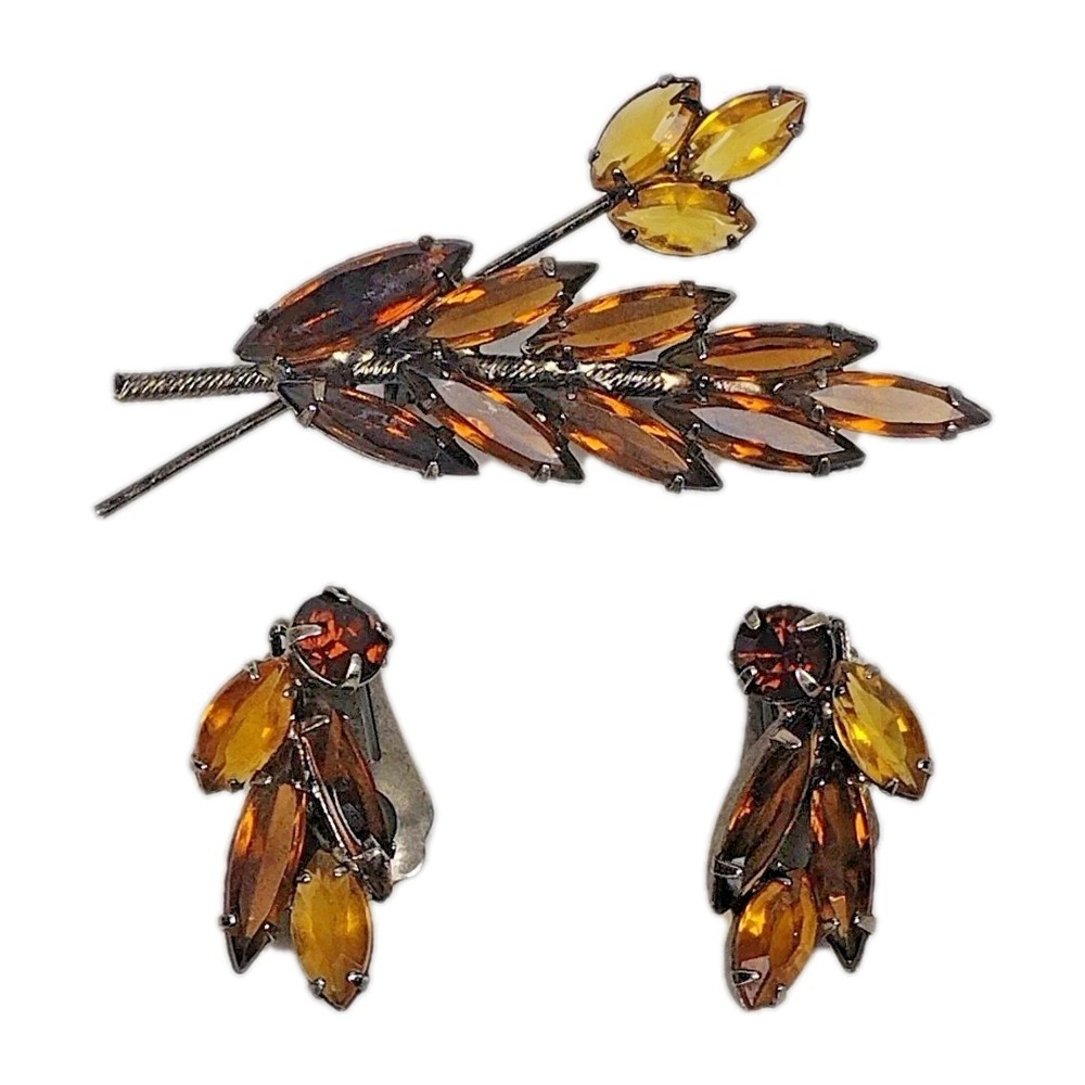 VTG 60's Juliana Root beer Navette Brooch With Earrings Clip On MCM Deco Glam